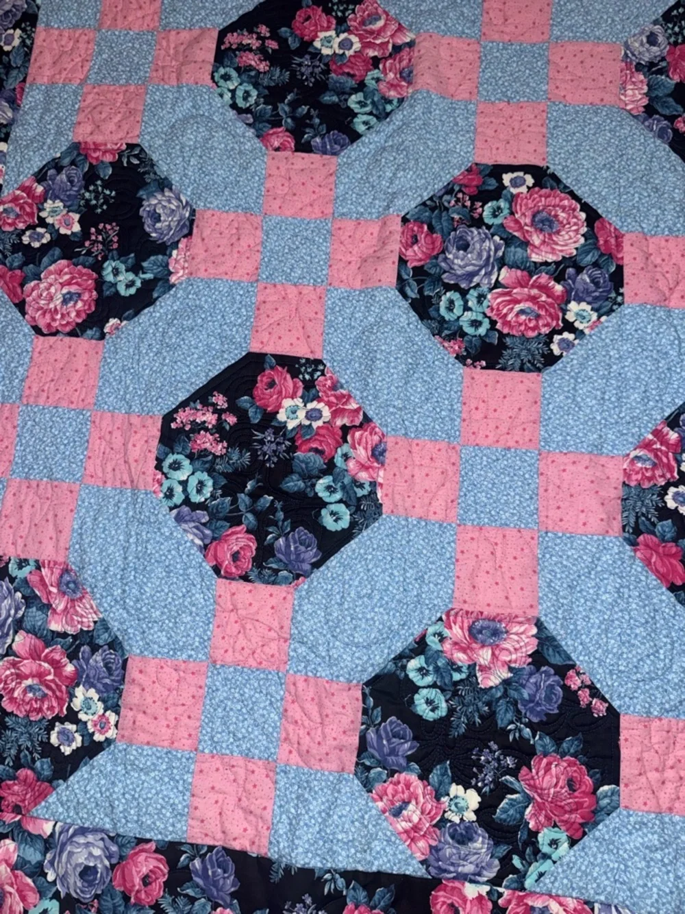 Floral Patchwork Quilt - Pink, Light Blue & Black